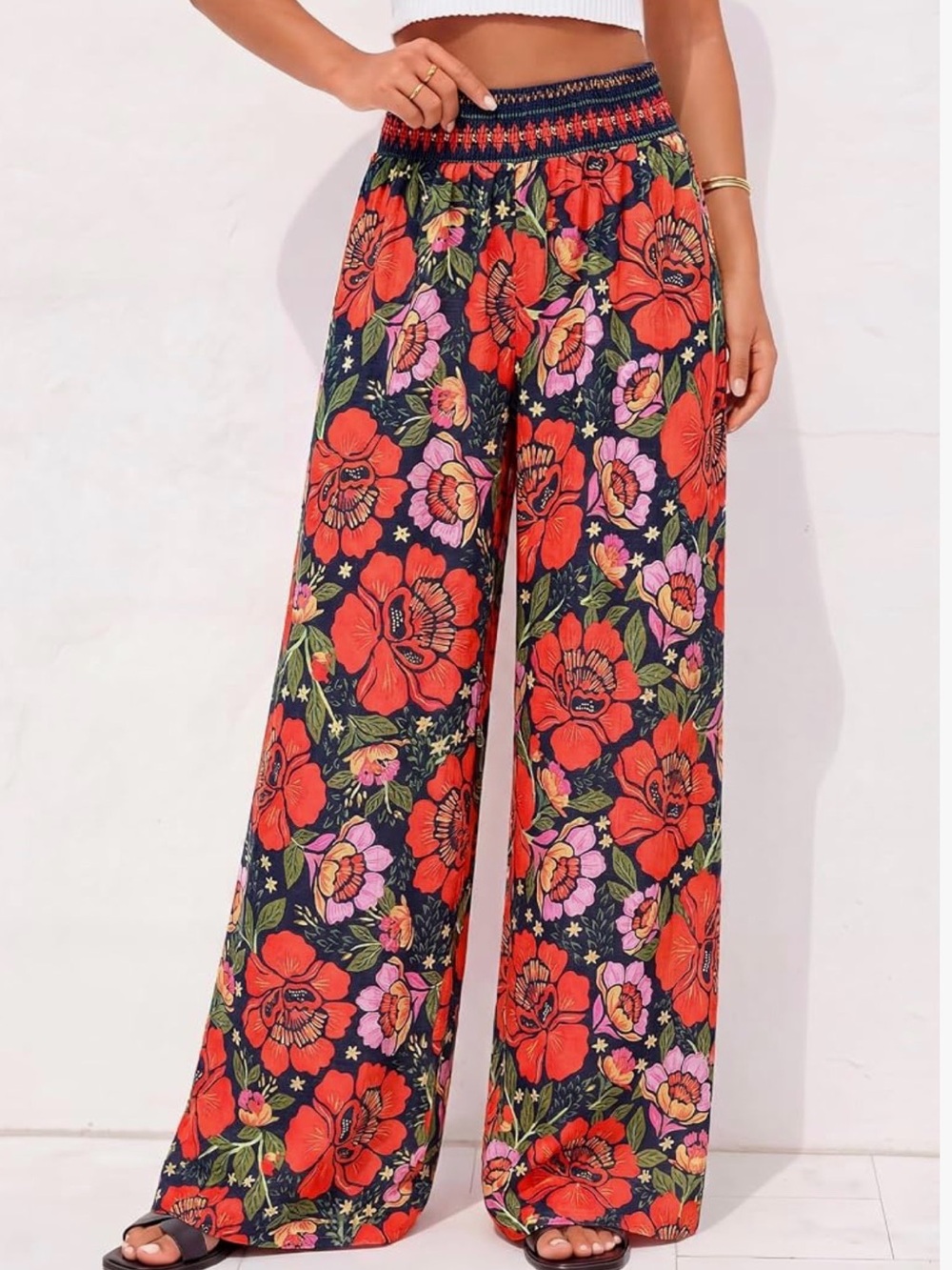 Wide Leg Floral Palazzo Pants - Black with Red Floral